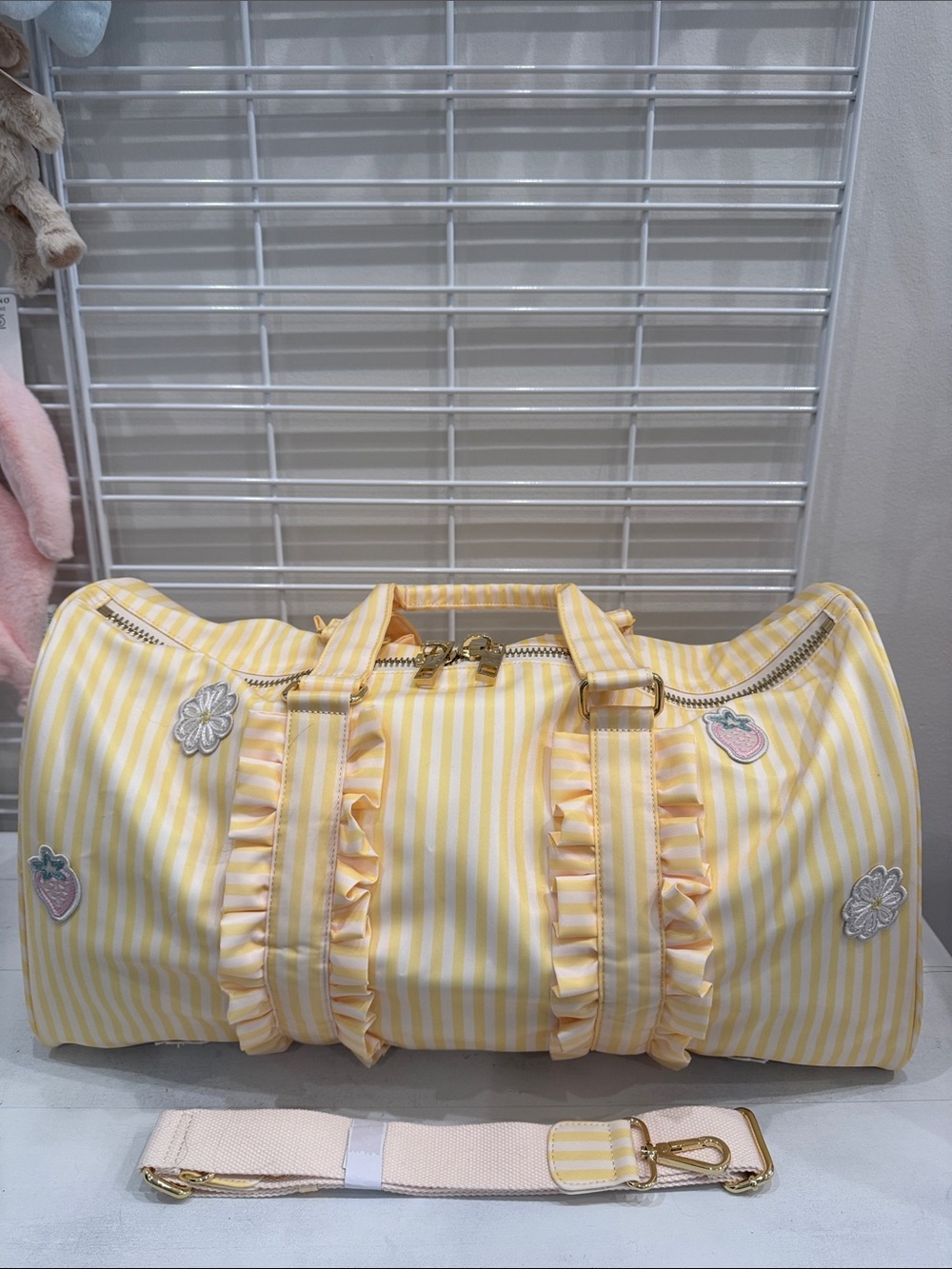 Stoney Clover Lane Yellow & White Stripe Ruffle Duffle with Patches